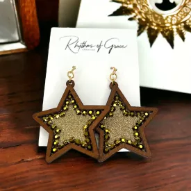 Boho Star Earrings - Gold Glitter, Gold Star Earrings, Handmade Earrings, Rhinestone Earrings, Star Accessories