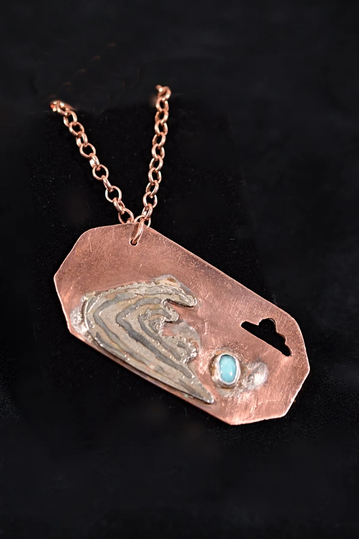 Copper & Mixed Metal Dogtag Necklace, Modernist Abstract Artisan Hand Crafted   Blue Stone