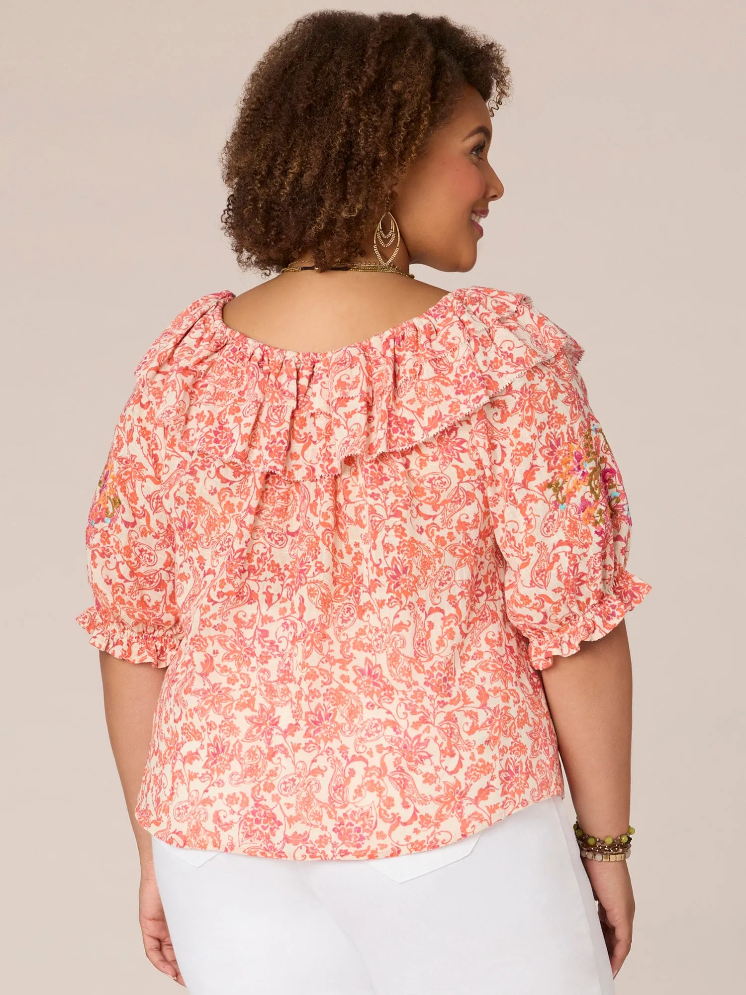 Elbow Blouson Sleeve Round Ruffle Neck Printed Plus Size Woven Top