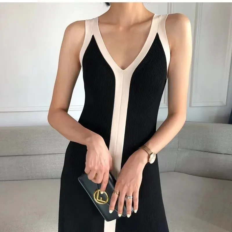 Fashion Women V-neck Maxi Dress Sexy Sling Sleeveless Dresses Knitted Long Dress Women Sweater Female