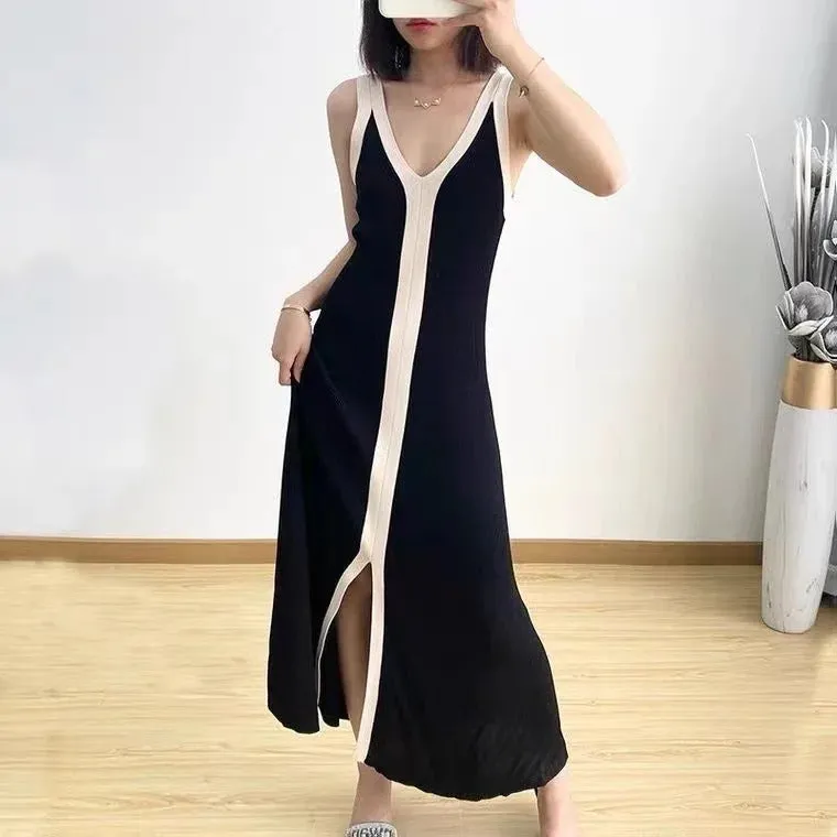 Fashion Women V-neck Maxi Dress Sexy Sling Sleeveless Dresses Knitted Long Dress Women Sweater Female