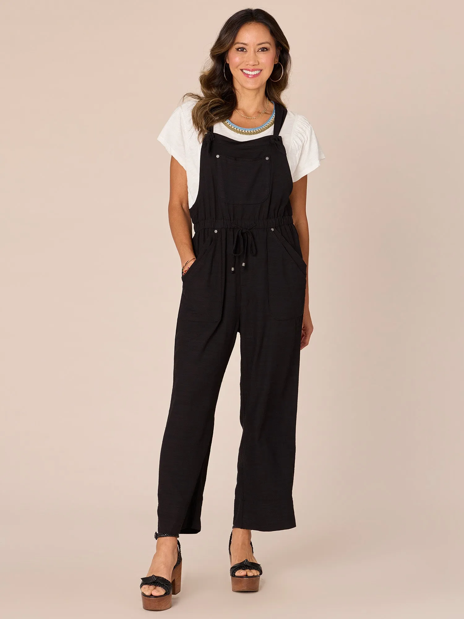 Knot Shoulder Double Layer Pocket Cropped Overalls