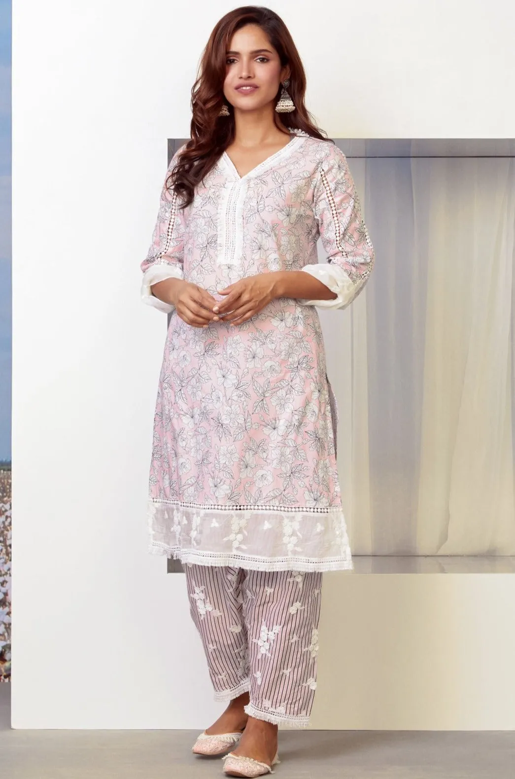 Mulmul Cotton Abbey Kurta Pink With Abbey Salwar Pink