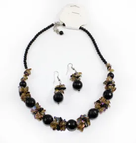 Natural Stone & Glass & Beads Multi Color Necklace and Earrings Set - Black Brown