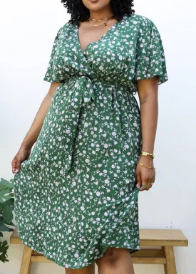 Plus Size Green Maxi Dress with Pink Floral Print