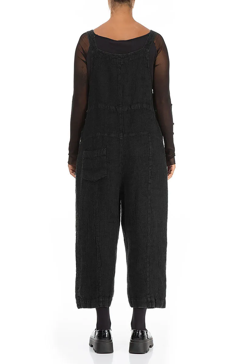 Strappy Black Mélange Linen Dungaree Jumpsuit