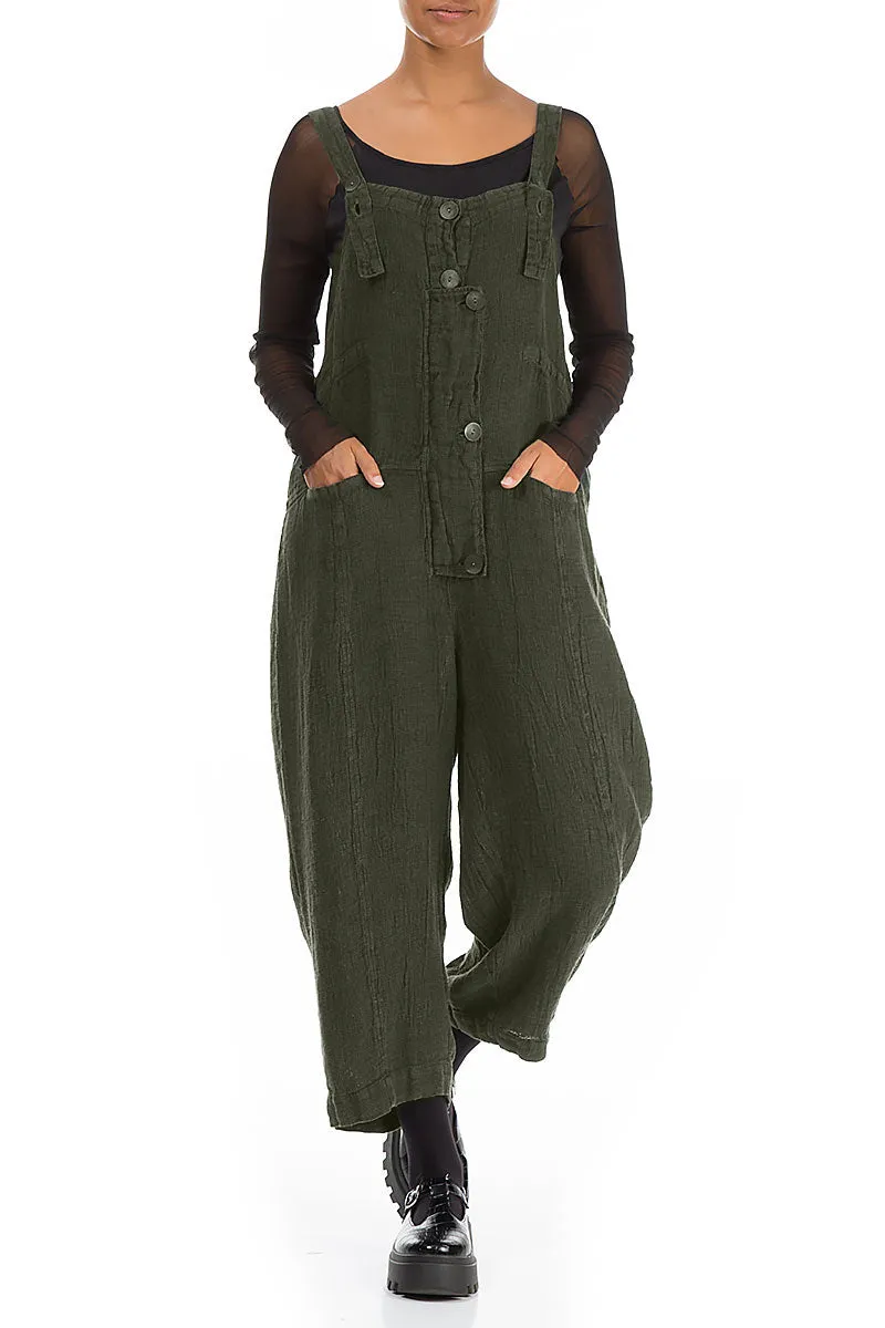 Strappy Olive Mélange Linen Dungaree Jumpsuit