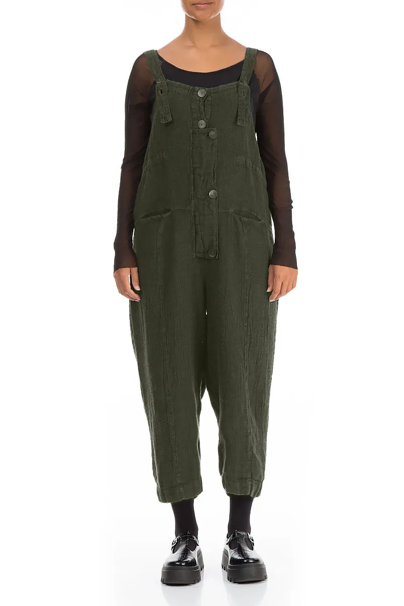 Strappy Olive Mélange Linen Dungaree Jumpsuit