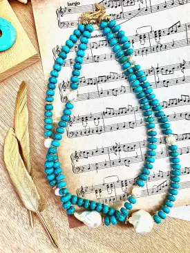 Turquoise With Baroque Pearls Double Layers Short Necklace EN013