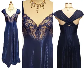 *VINTAGE SHIMMERING NAVY LACE NIGHTGOWN WITH CRISS CROSS BACK